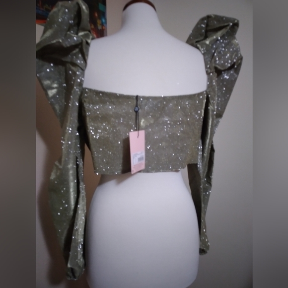 SALE$ NWT Missguided Gold Glitter Puff Sleeve Ruched Front Crop Top- US 12 - Picture 4 of 7